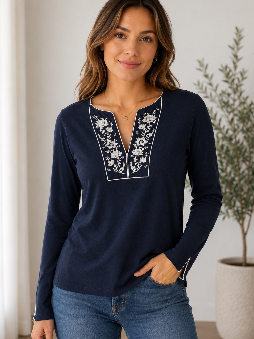 Lauren Ralph Lauren Navy Blue Embroidered Floral Long Sleeve Top Size L